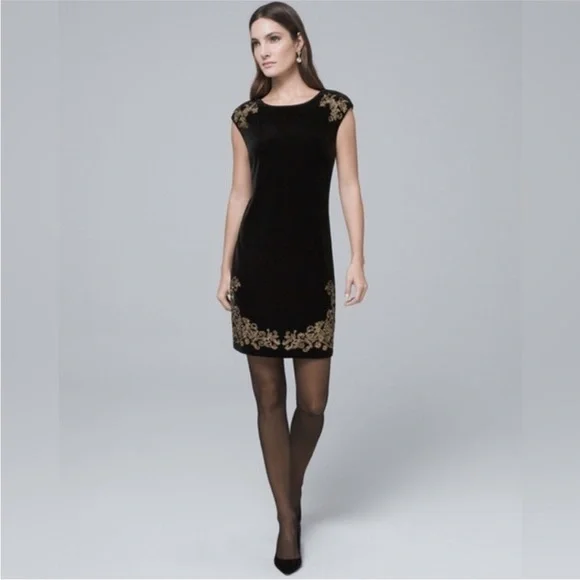 black dress with gold beads NicoBlu Noor Long Black Tunic Dress with Gold Embellishment Petite-14 main image 1